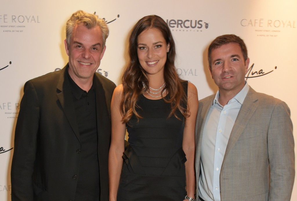 LONDON, ENGLAND - JUNE 24:  (L to R) Danny Huston, Ana Ivanovic and Diego Biasi, Co-Founder & CEO of the Quercus Foundation, arrive at the Quercus Foundation Pre-Wimbledon Cocktails with Ana Ivanovic in the Ten Room at Hotel Cafe Royal on June 24, 2015 in London, England.   Pic Credit: Dave Benett